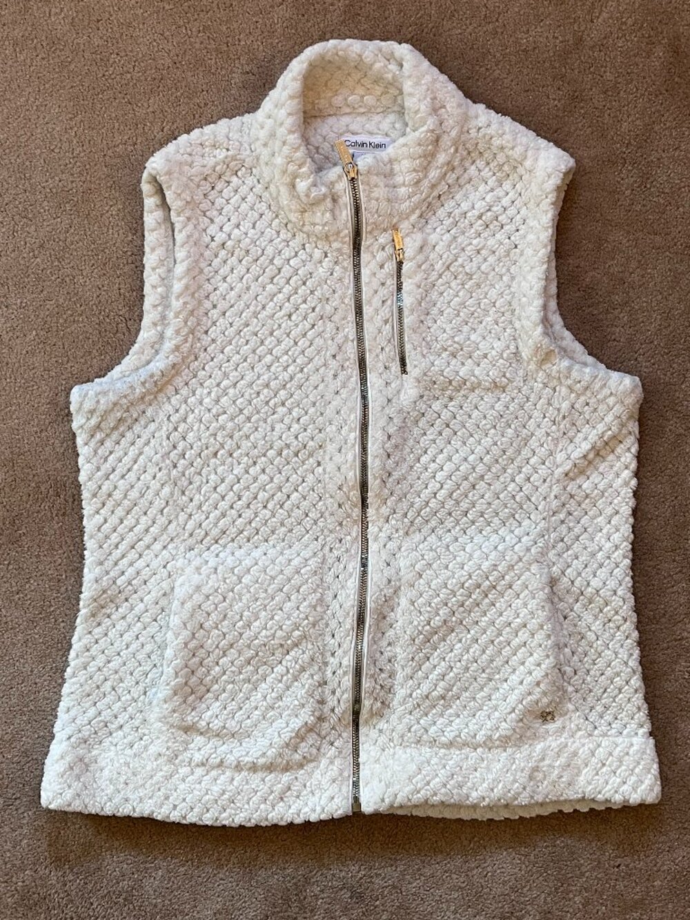 Calvin Klein White Textured Fleece Full Zip Vest Women's L Outdoors Minimalist